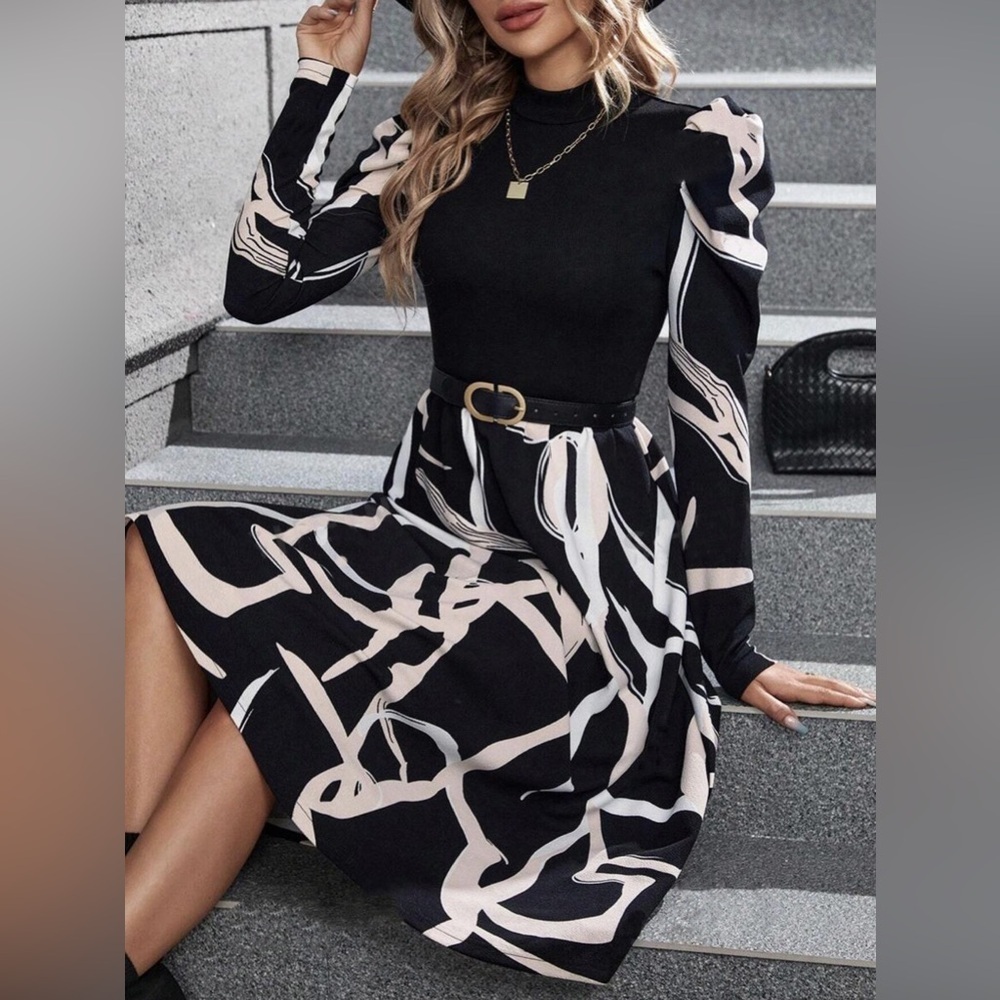 Minimalist puff sleeve black white dress